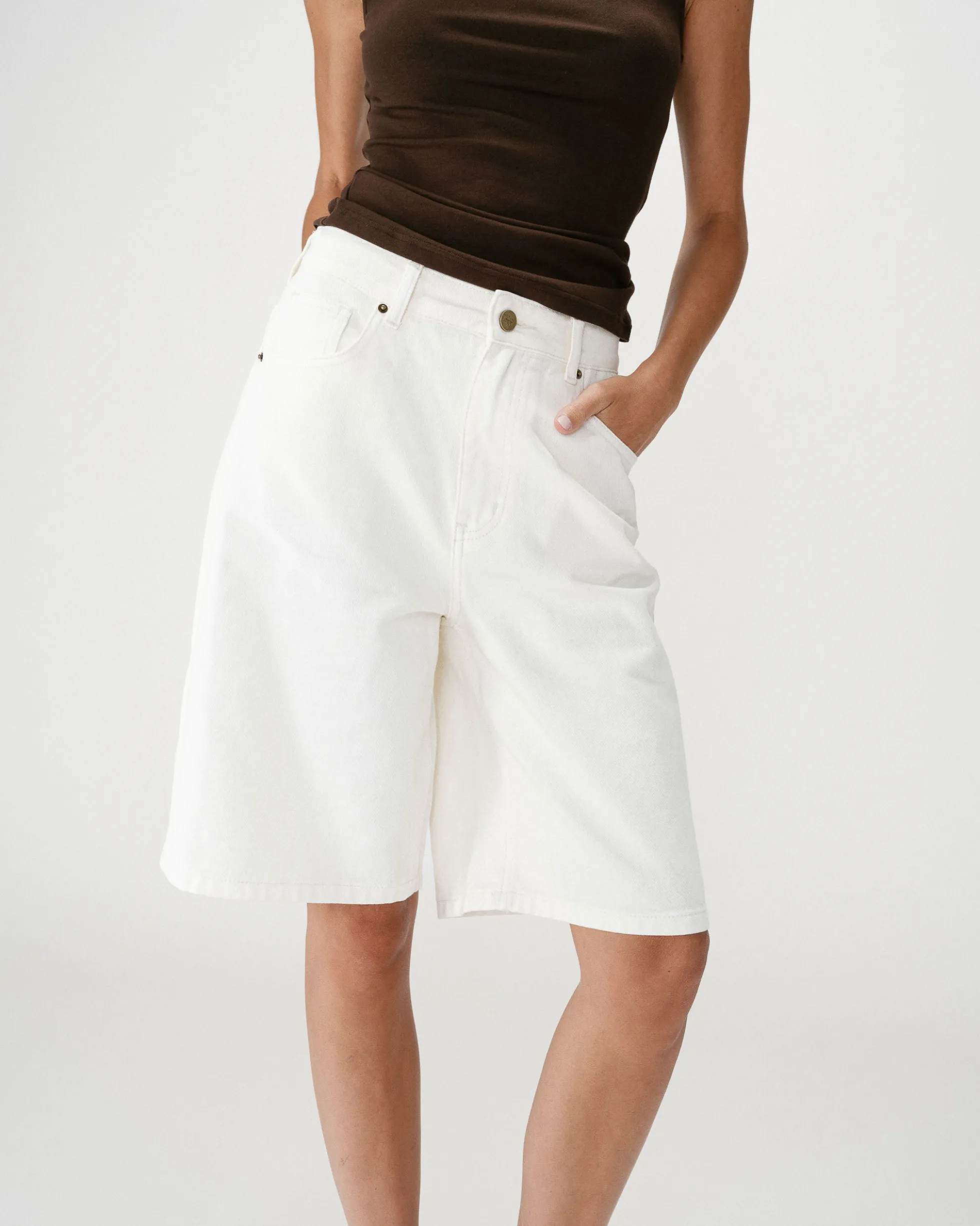Bermuda long en jean taille haute ecru Will