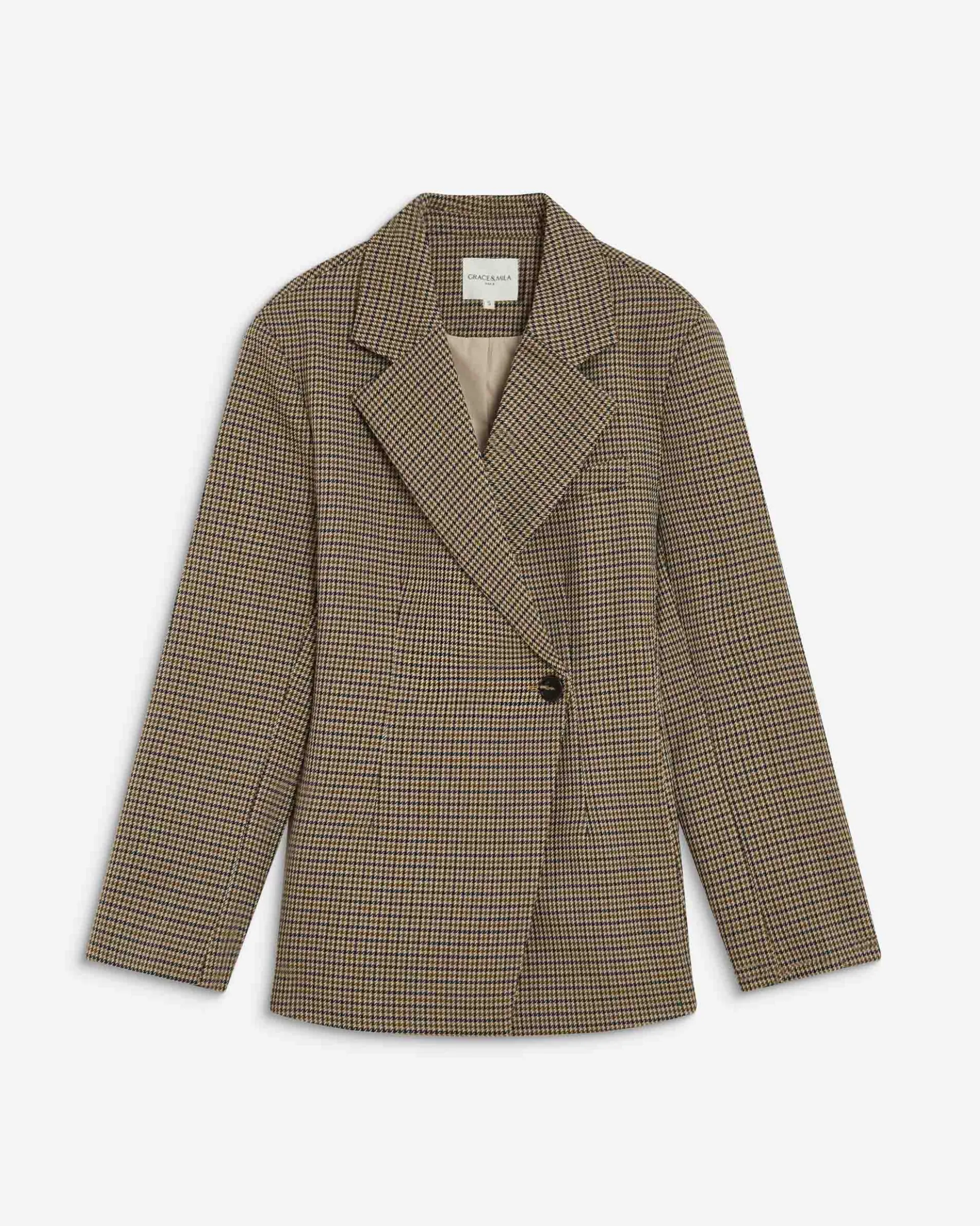 Blazer cintré croisé pied-de-poule beige Almond