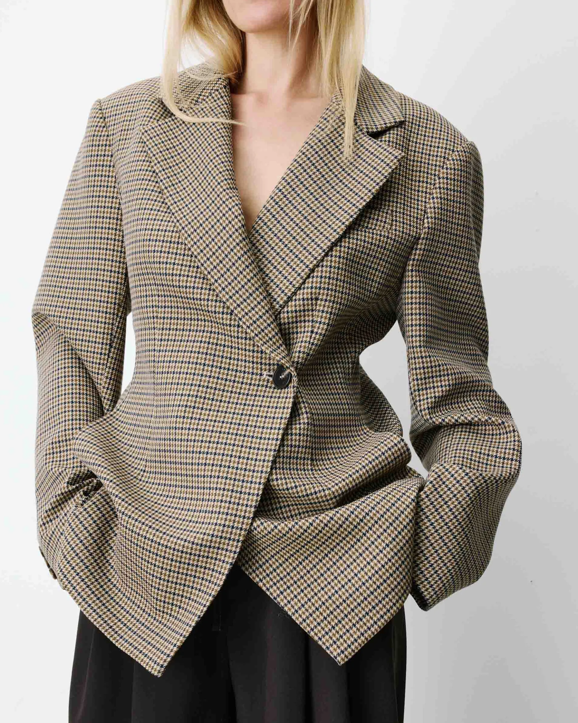 Blazer cintré croisé pied-de-poule beige Almond