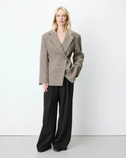 Blazer cintré croisé pied-de-poule beige Almond