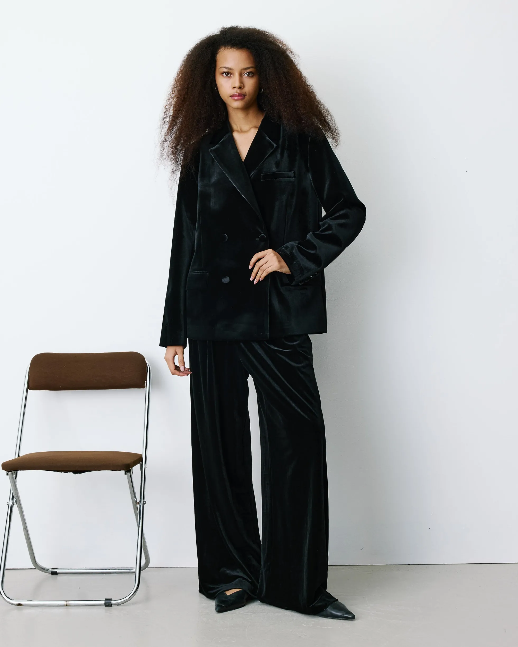 Blazer large en velours à double boutonnage noir Bradley