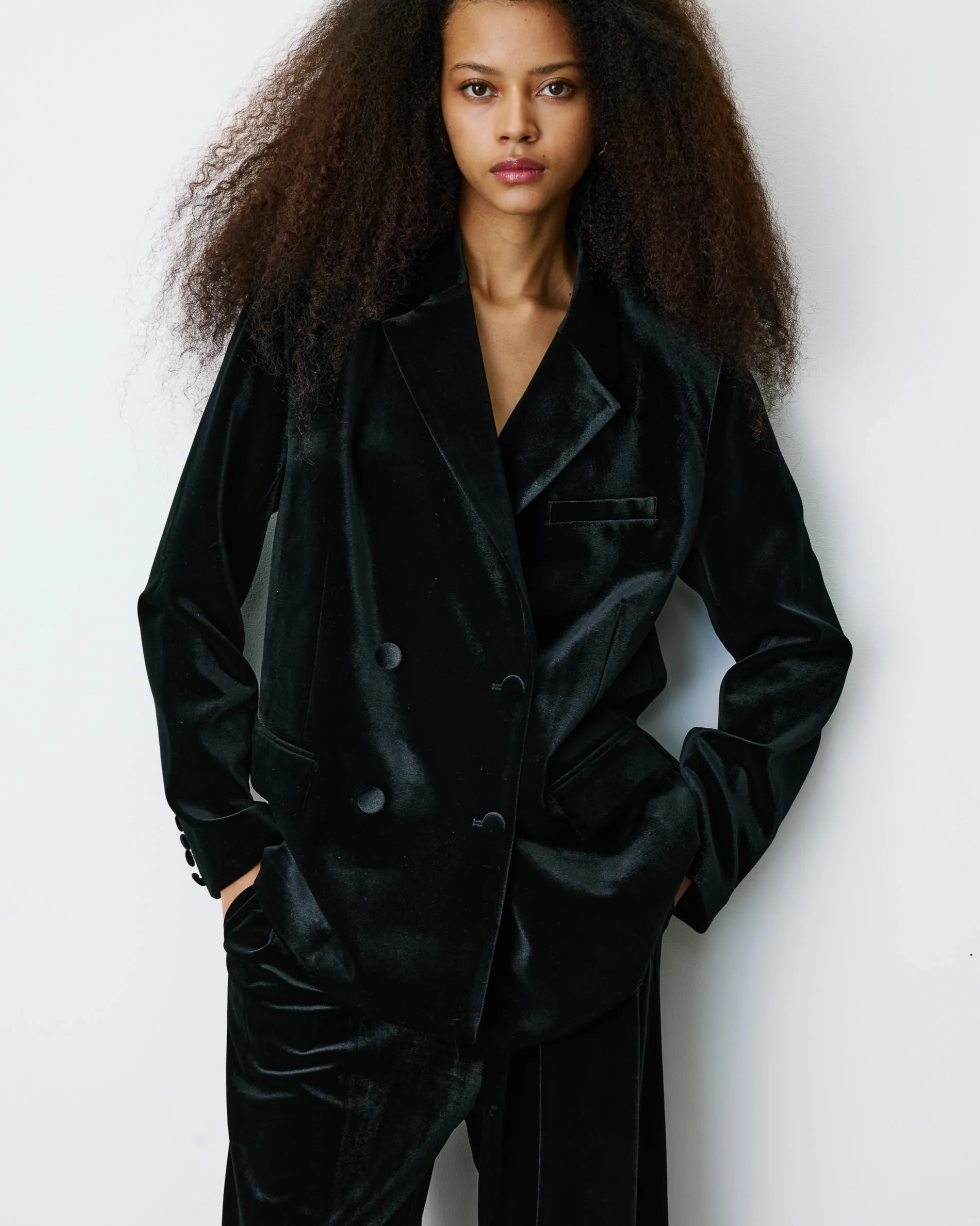 Blazer large en velours à double boutonnage noir Bradley