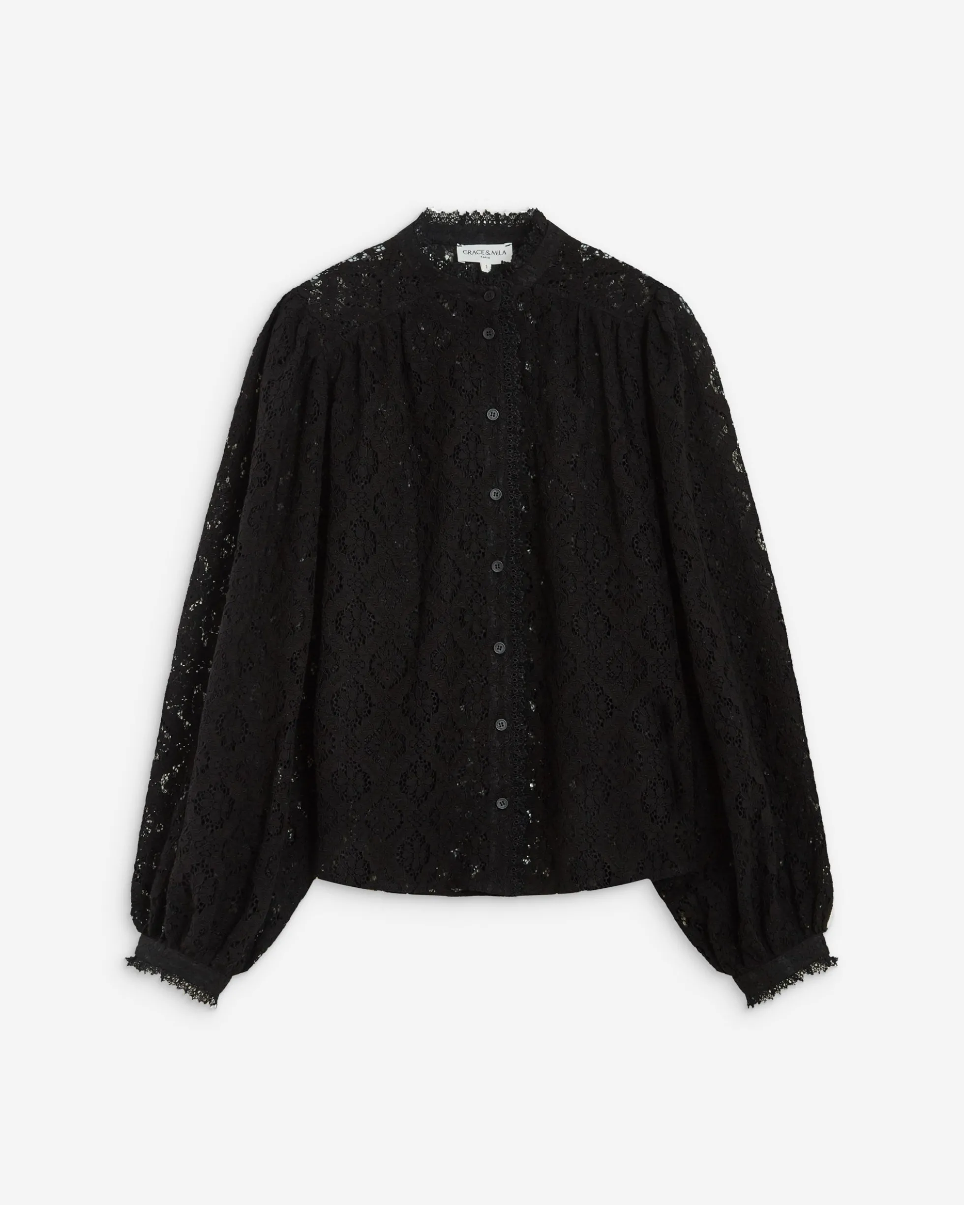 Blouse ample en dentelle boutonnée noir Anita