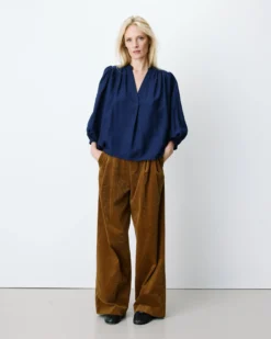 Blouse ample manches bouffantes 3/4 col V marine Auriane