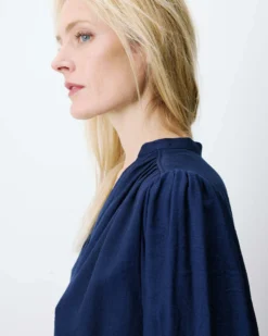Blouse ample manches bouffantes 3/4 col V marine Auriane