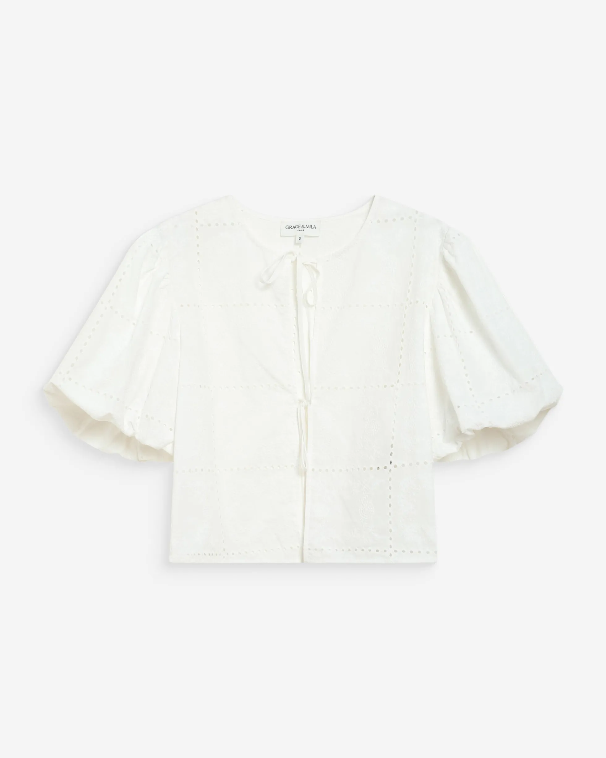 Blouse brodée à nouer manches ballon white Wylette