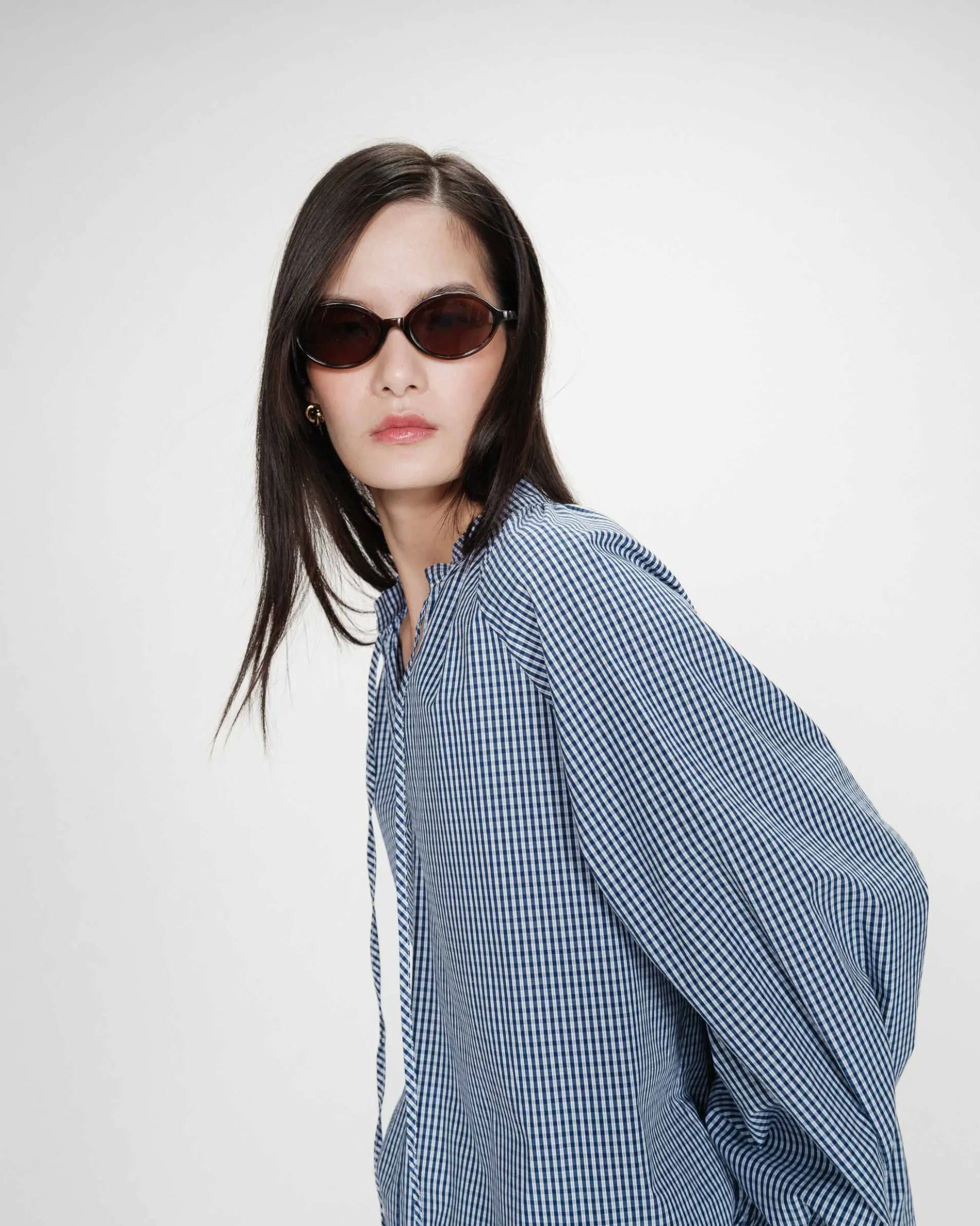 Blouse à carreaux en coton col V oversize marine Varry