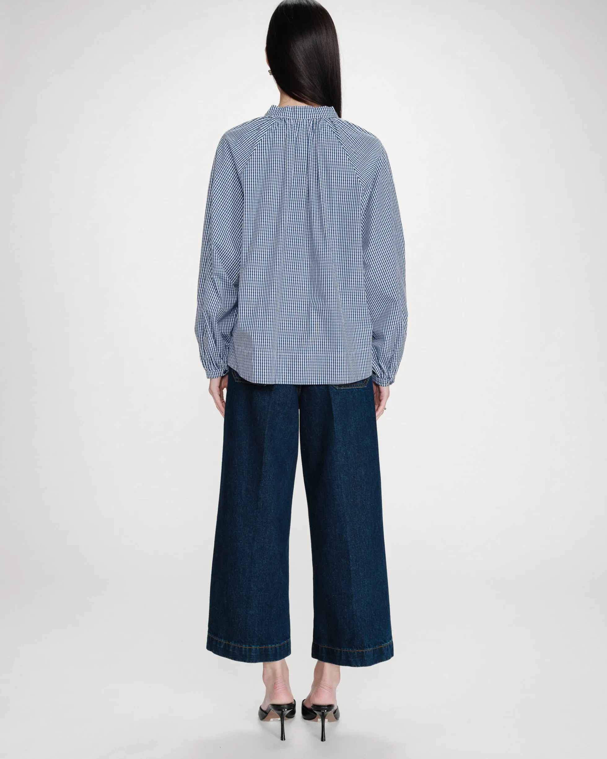 Blouse à carreaux en coton col V oversize marine Varry