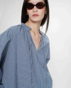 Blouse à carreaux en coton col V oversize marine Varry