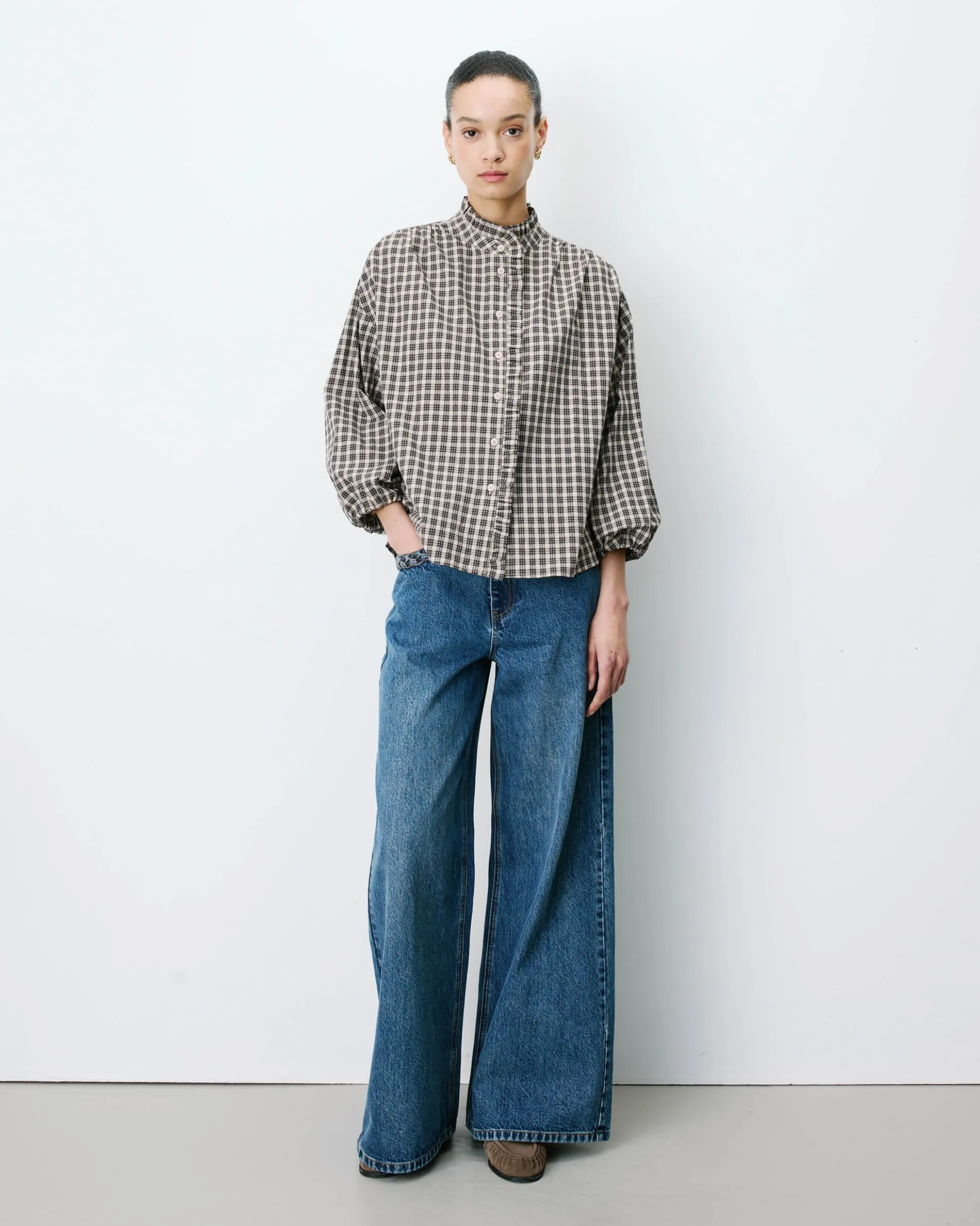 Blouse à carreaux manches bouffantes latte Adelie
