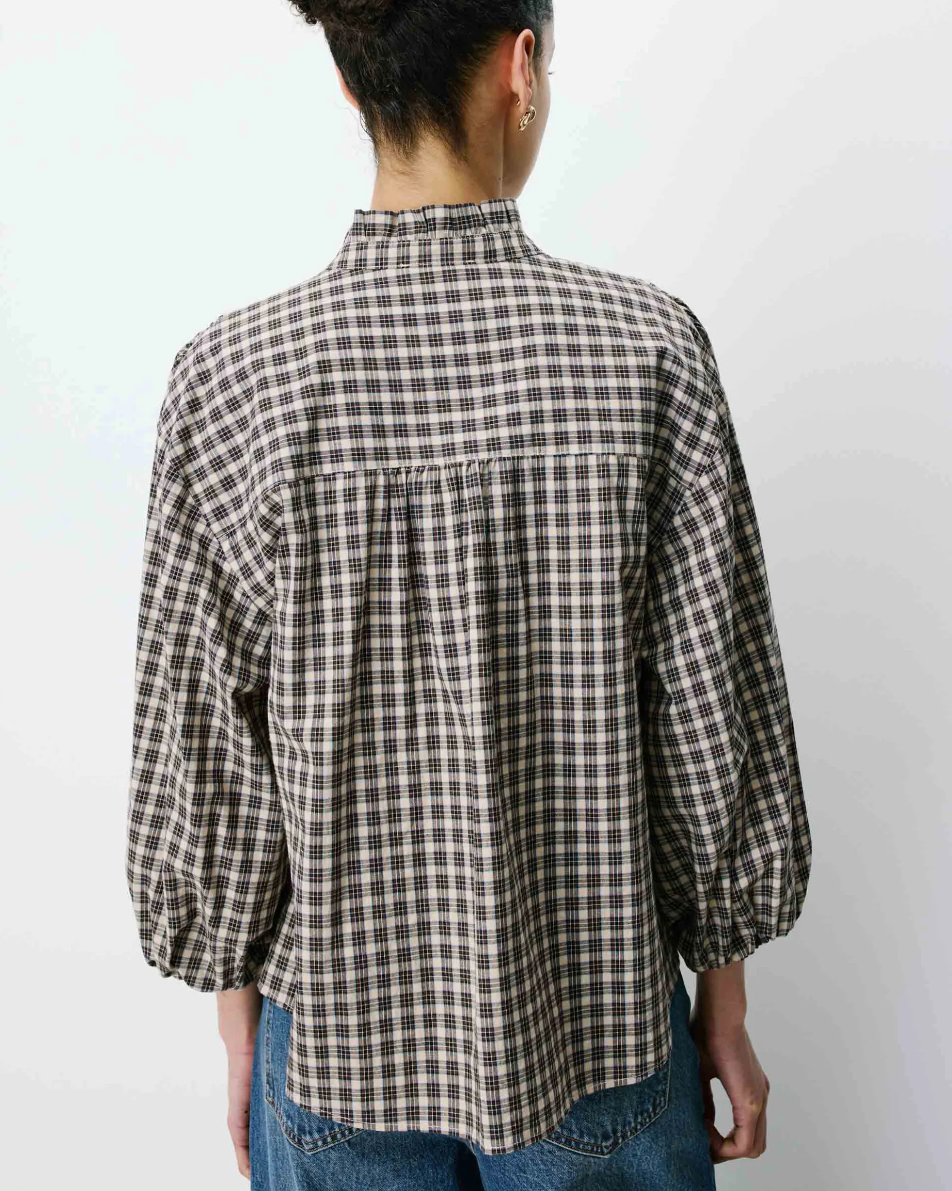 Blouse à carreaux manches bouffantes latte Adelie