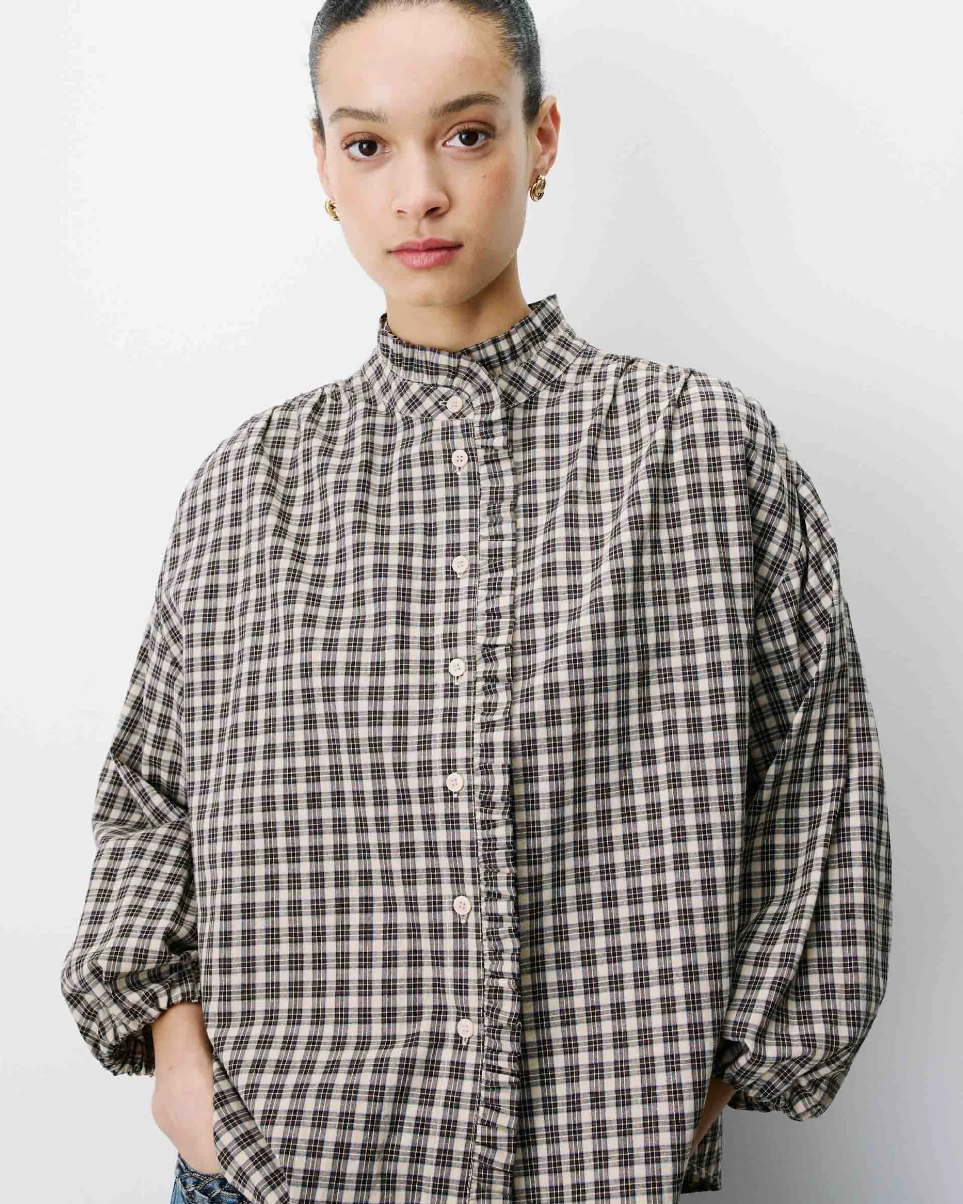 Blouse à carreaux manches bouffantes latte Adelie
