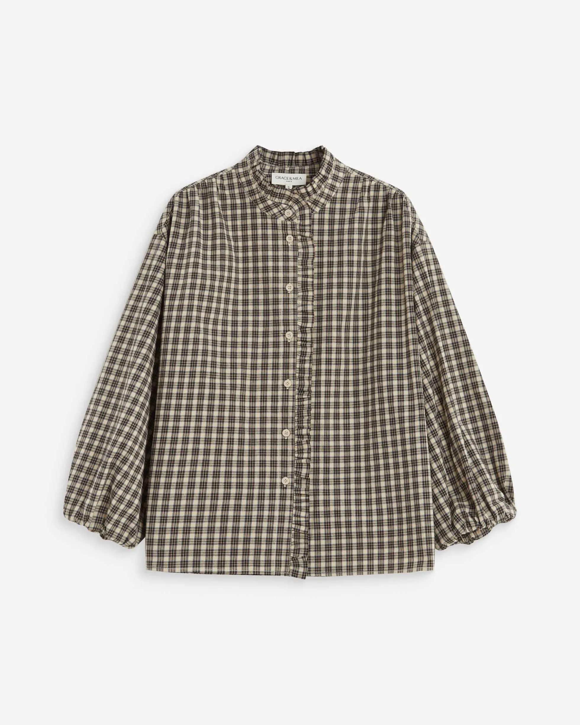 Blouse à carreaux manches bouffantes latte Adelie