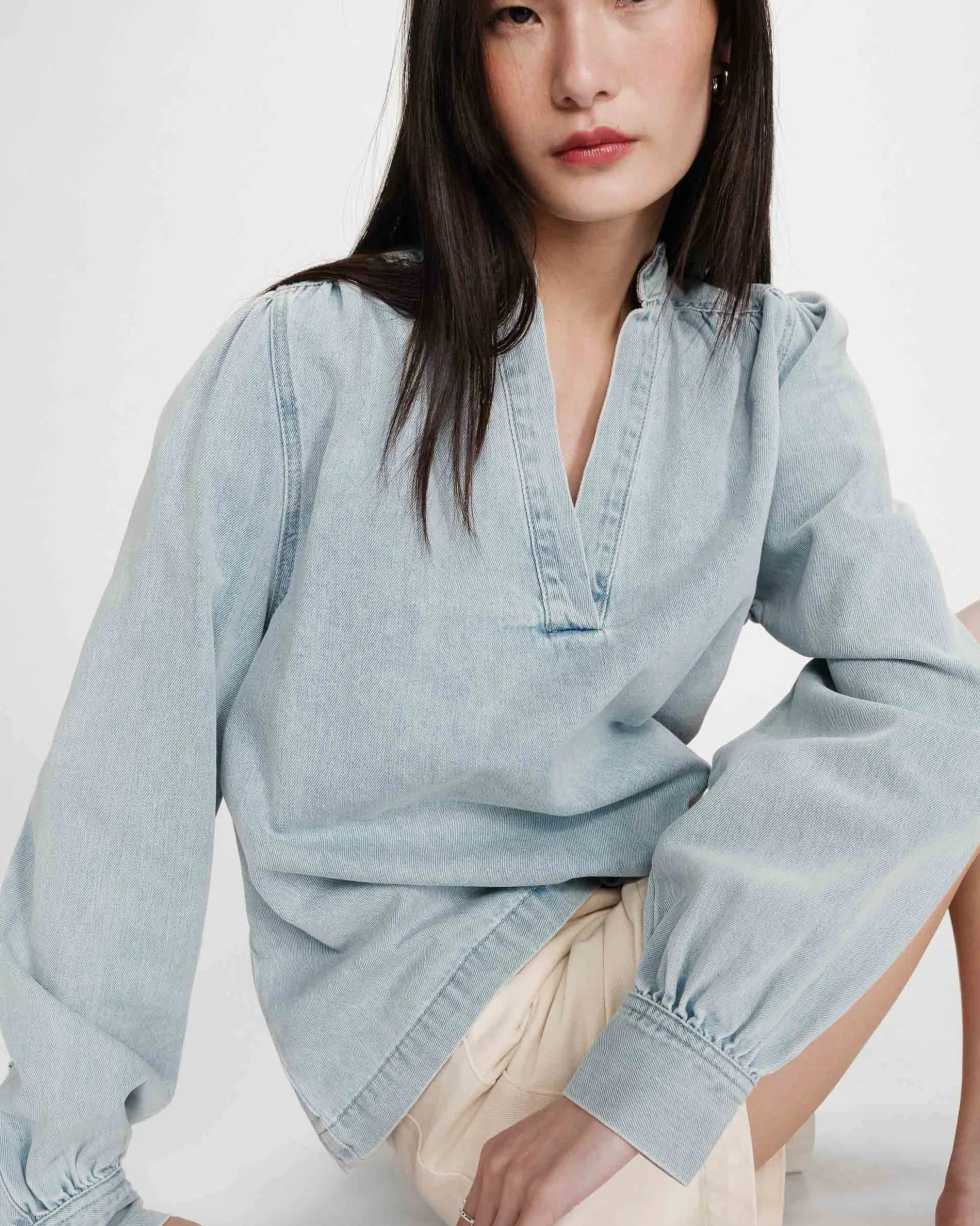 Blouse droite en denim manches longues skyblue Valory