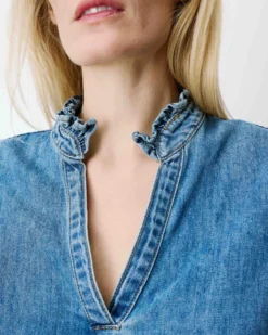 Blouse en denim col V manches bouffantes lightblue Amande