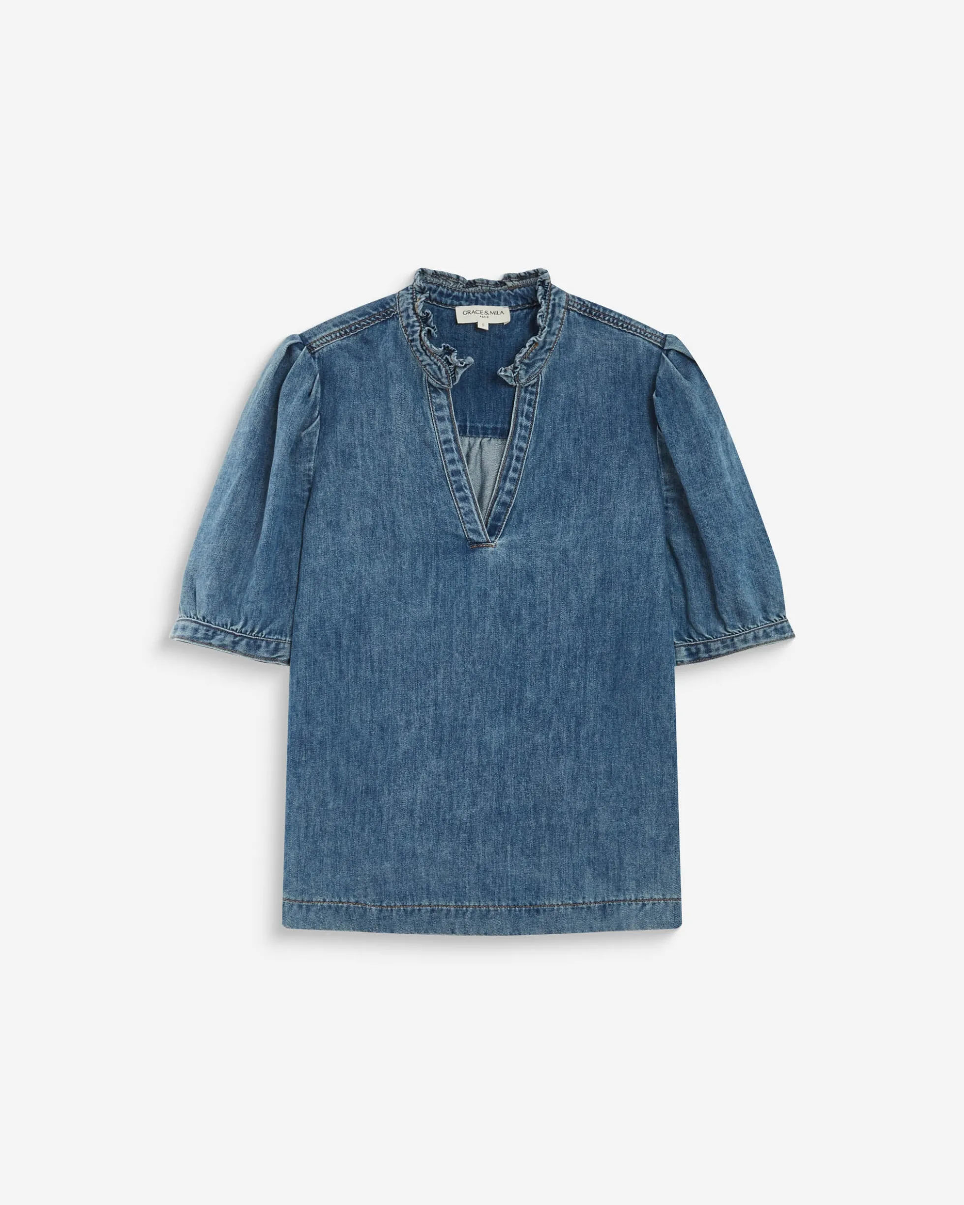 Blouse en denim col V manches bouffantes lightblue Amande