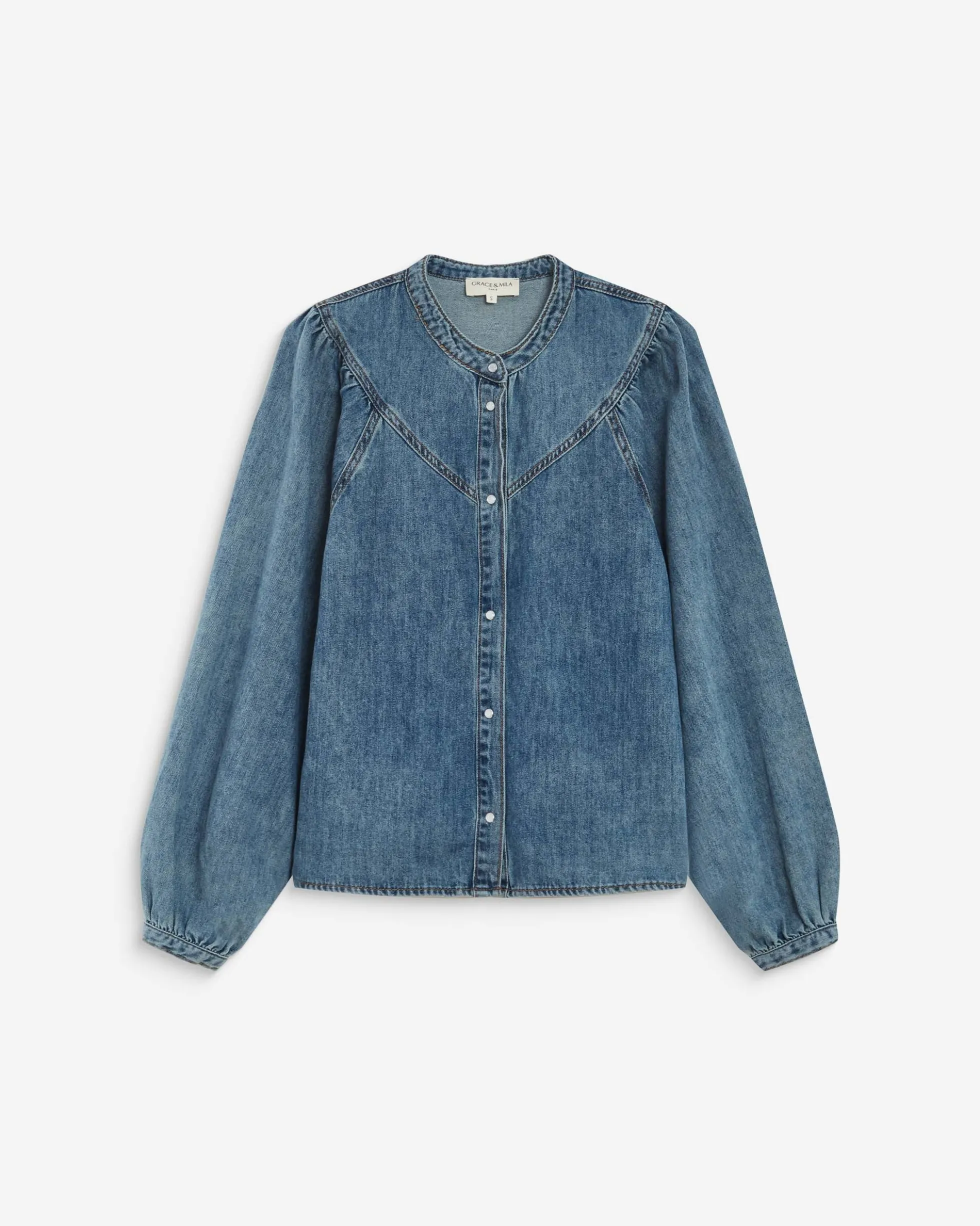 Blouse en denim évasée manches longues lightblue Anaelle