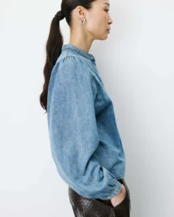 Blouse en denim évasée manches longues lightblue Anaelle