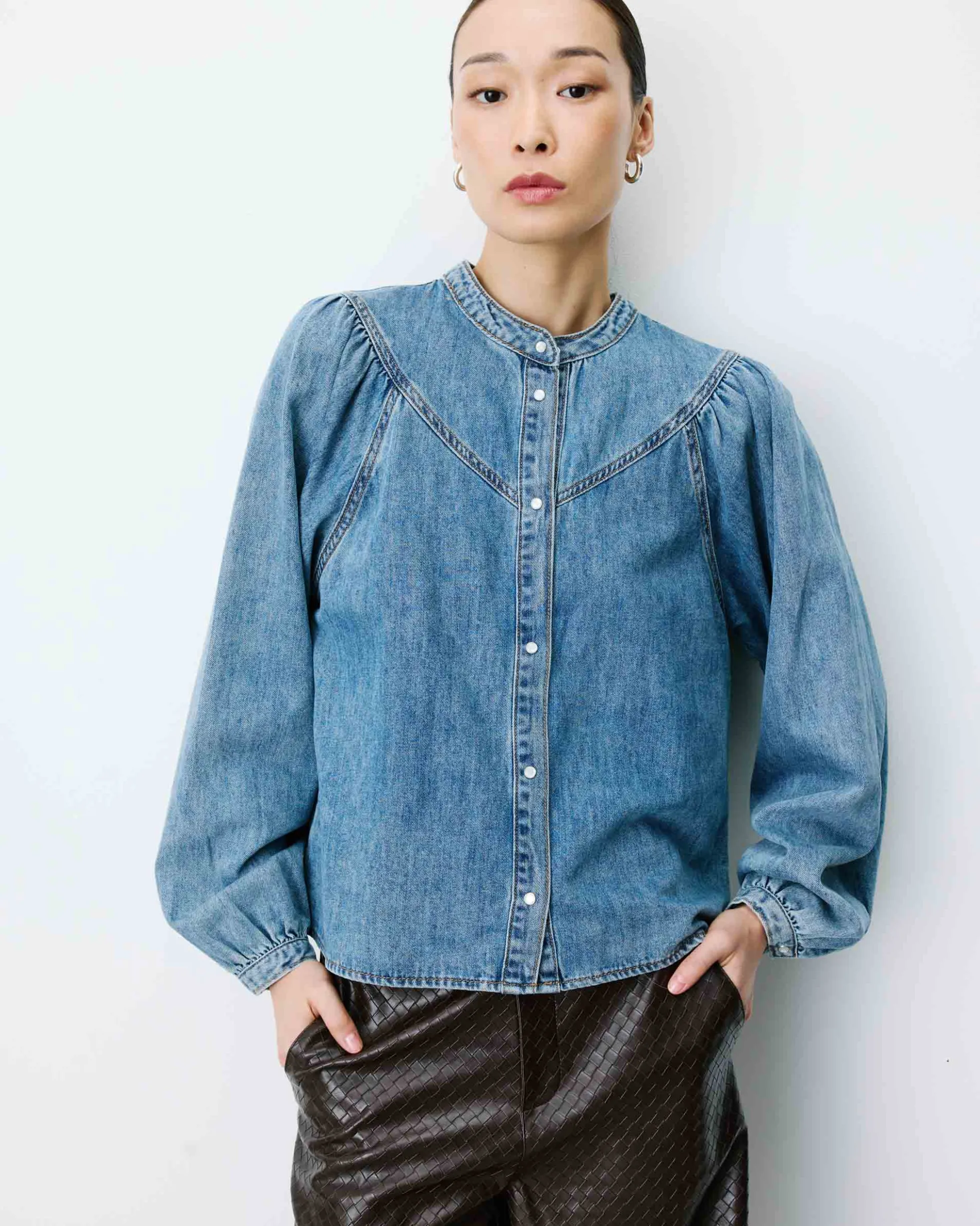 Blouse en denim évasée manches longues lightblue Anaelle