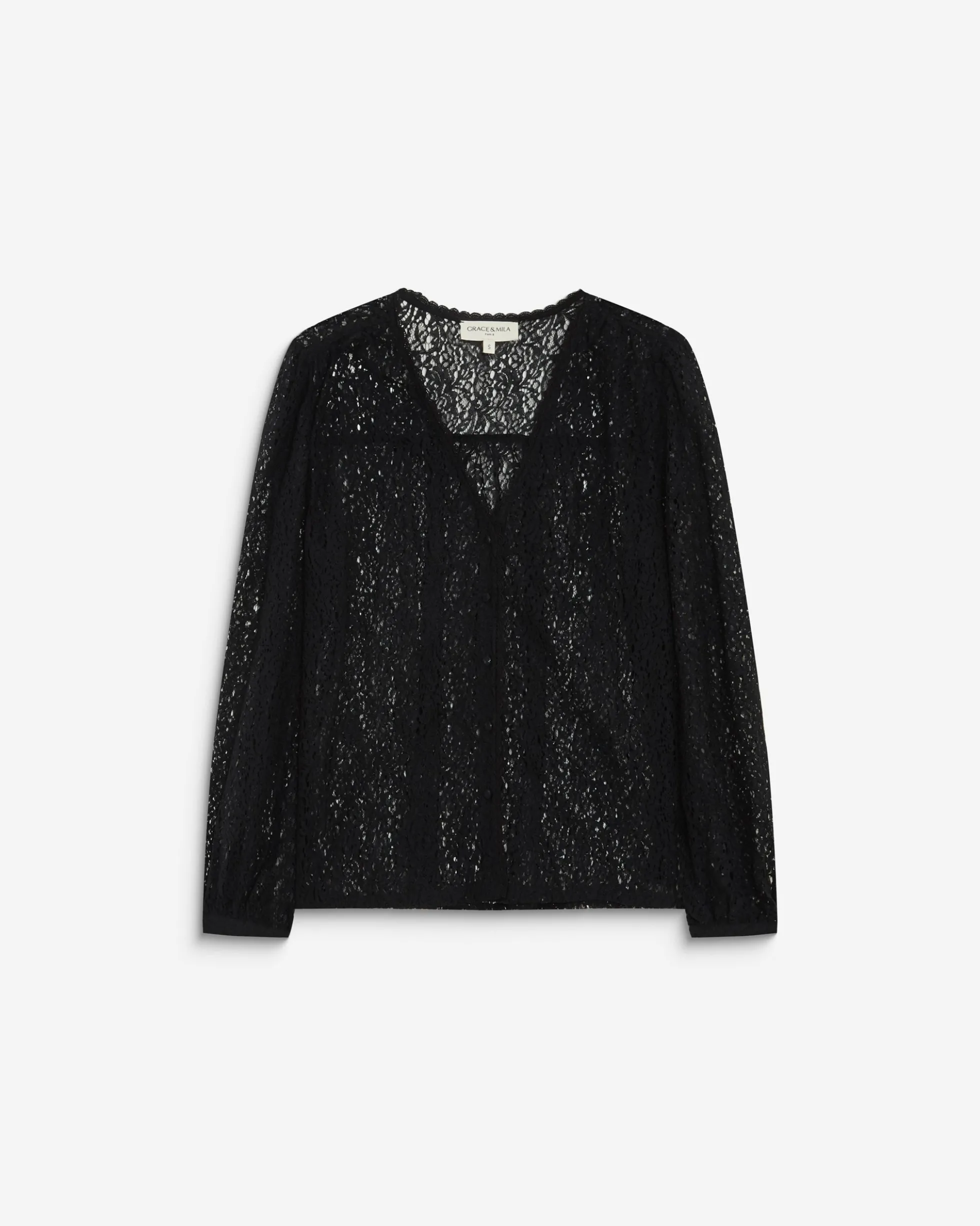 Blouse en dentelle col V manches longues noir Aurora