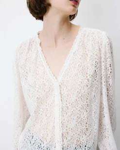 Blouse en dentelle col V manches longues ivoire Aurora