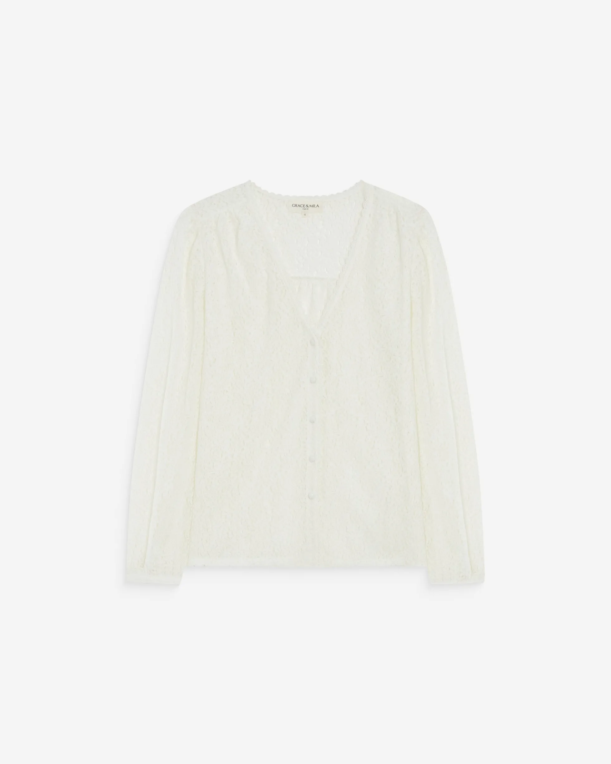 Blouse en dentelle col V manches longues ivoire Aurora