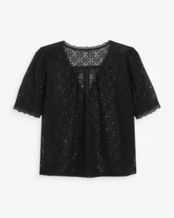 Blouse en dentelle col V manches courtes noir Vicky