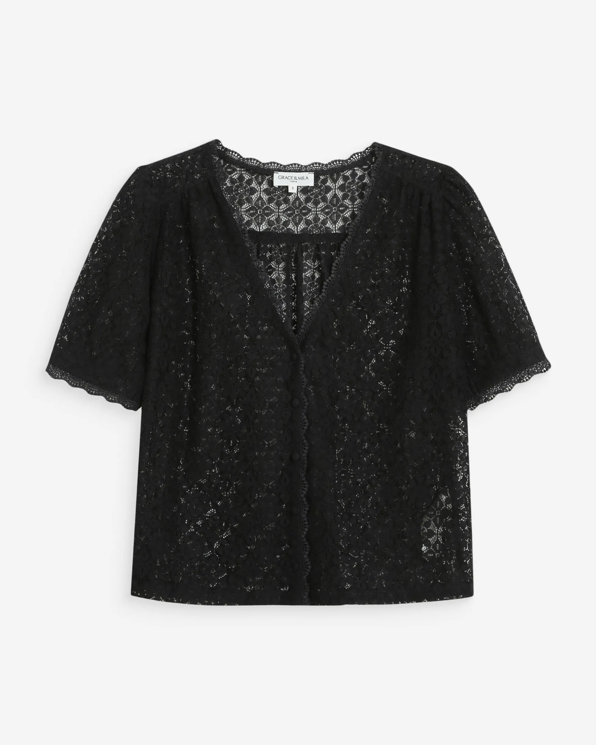 Blouse en dentelle col V manches courtes noir Vicky