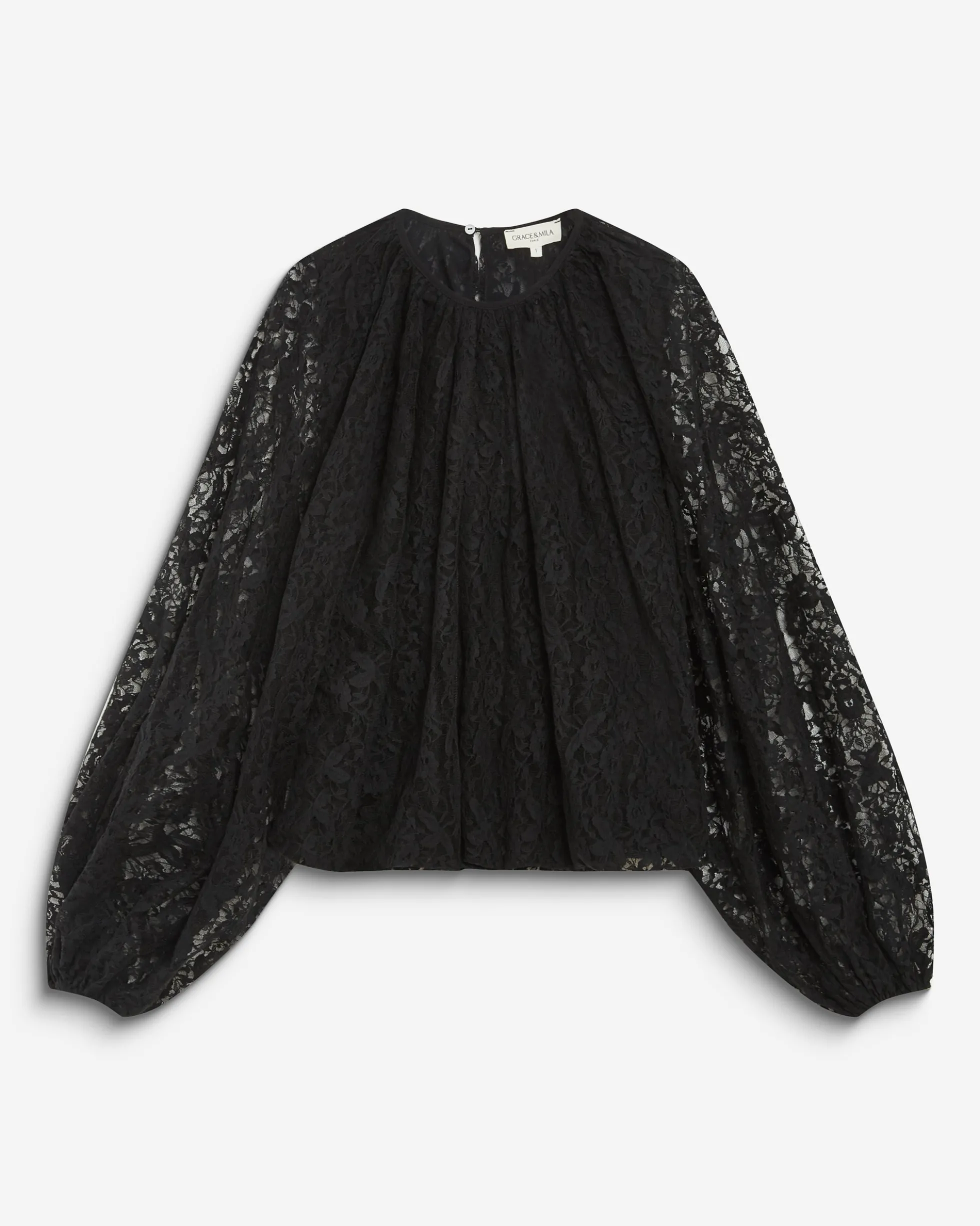 Blouse fluide en dentelle manches bouffantes noir Beth