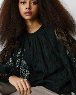 Blouse fluide en dentelle manches bouffantes noir Beth