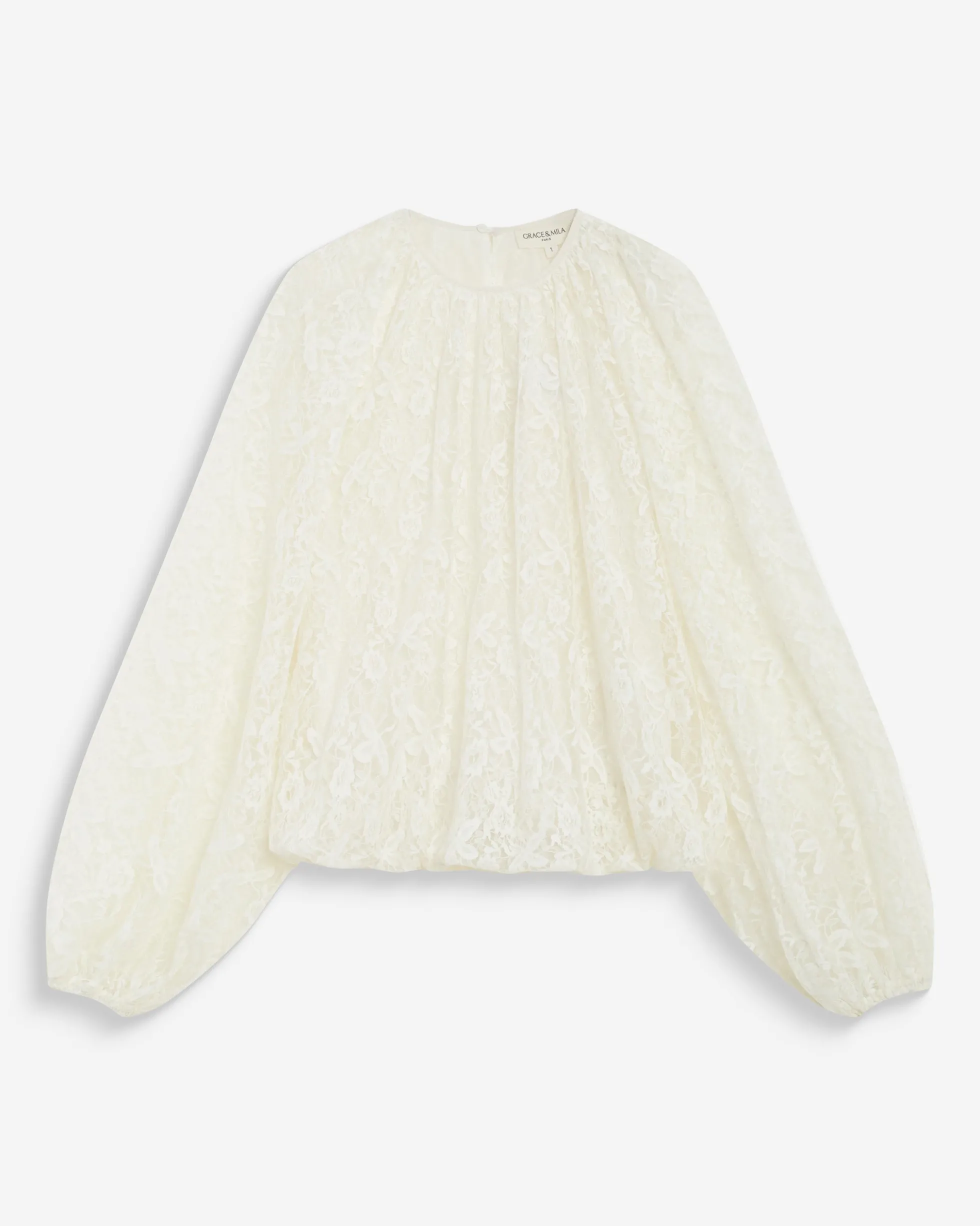 Blouse fluide en dentelle manches bouffantes ecru Beth