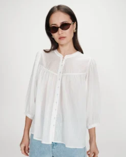 Blouse à manches ballons ample boutonnée ivoire Vanille