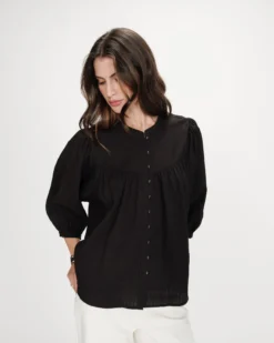 Blouse à manches ballons ample boutonnée noir Vanille