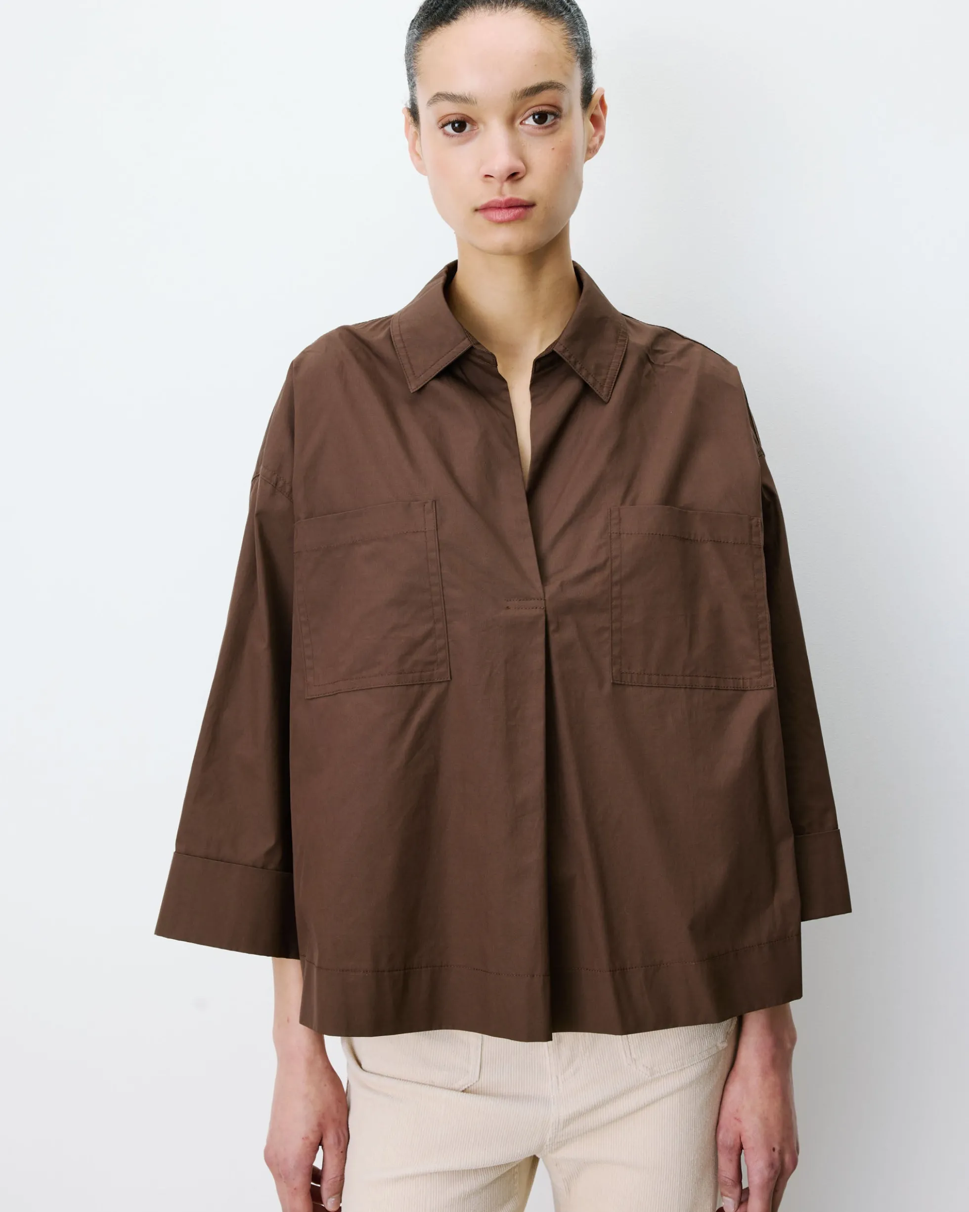 Blouse oversize manches larges en coton chocolat Ambre
