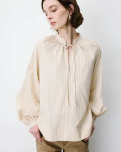 Blouse à rayures col mao à nouer beige Albane
