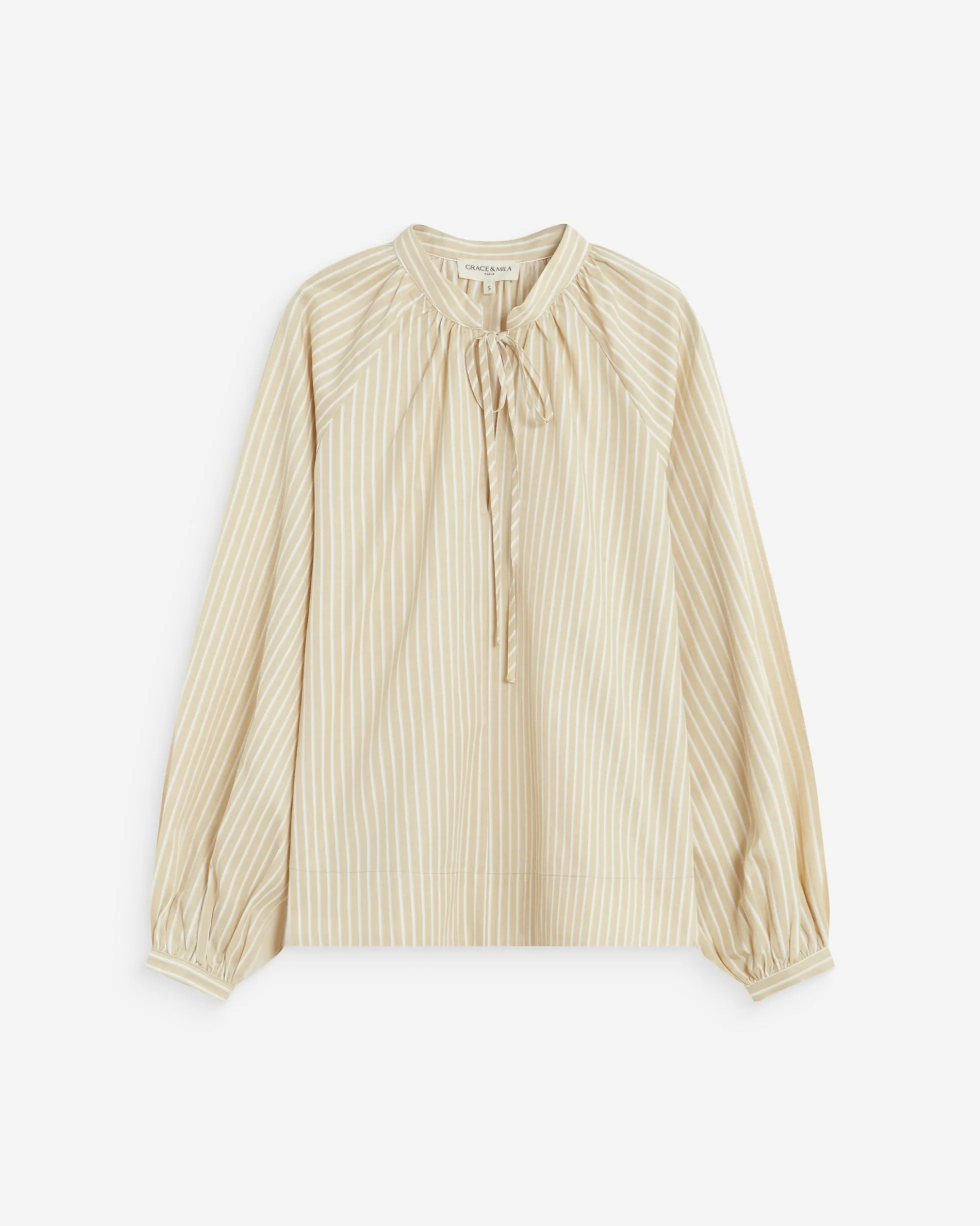 Blouse à rayures col mao à nouer beige Albane