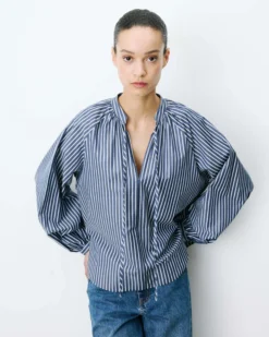 Blouse à rayures col mao à nouer marine Albane
