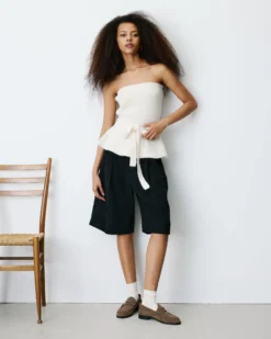 Bustier péplum ceinturé en maille côtelée ecru Berry