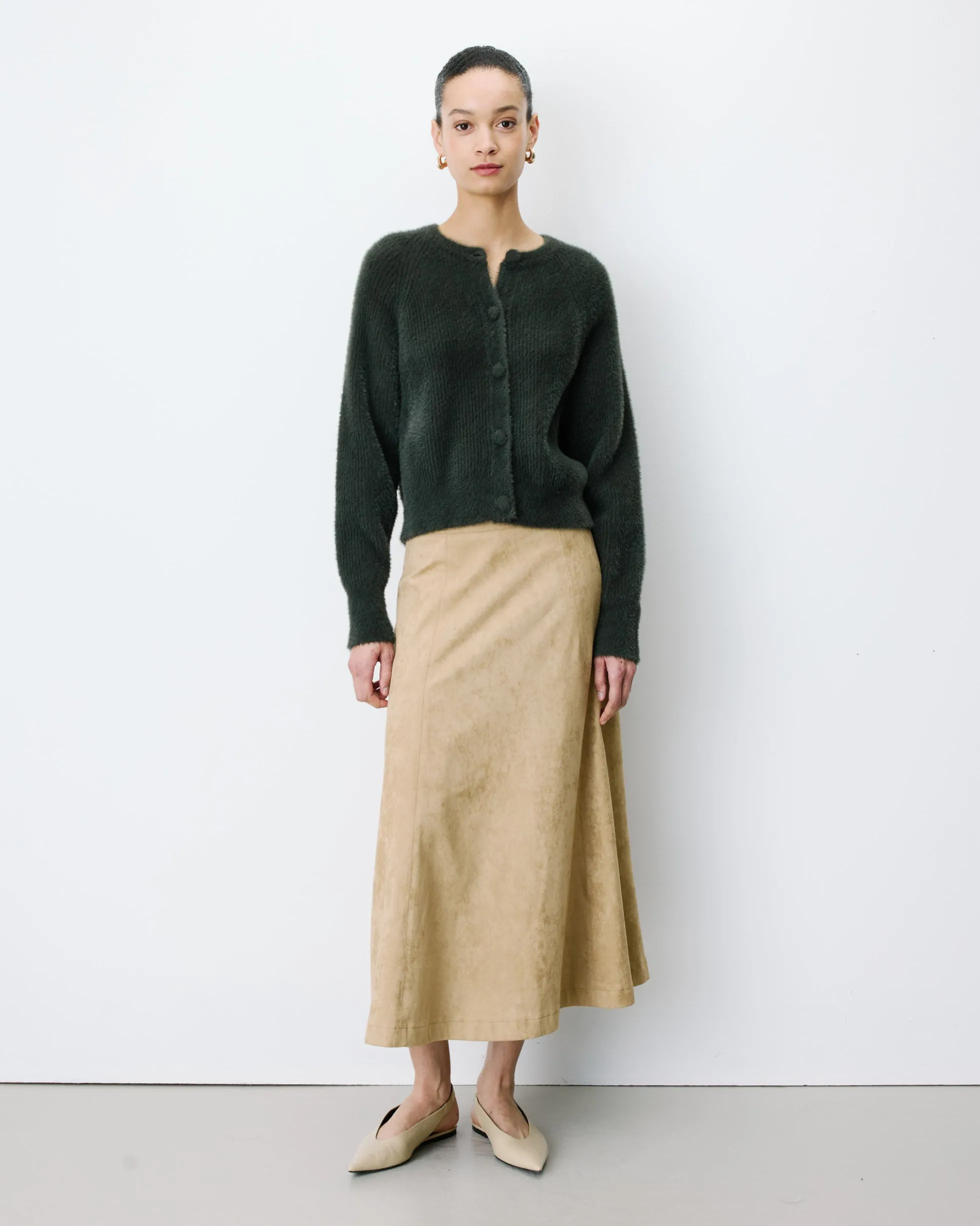 Cardigan doux col rond boutonné kaki Aleron