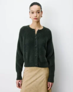 Cardigan doux col rond boutonné kaki Aleron