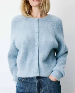 Cardigan doux col rond boutonné bleuet Aleron