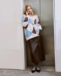 Cardigan doux à losanges col V bleuet Alexan