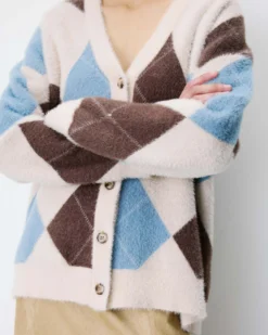 Cardigan doux à losanges col V bleuet Alexan