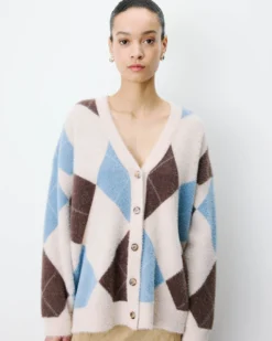 Cardigan doux à losanges col V bleuet Alexan