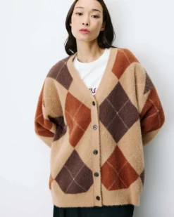 Cardigan doux à losanges col V beige Alexan