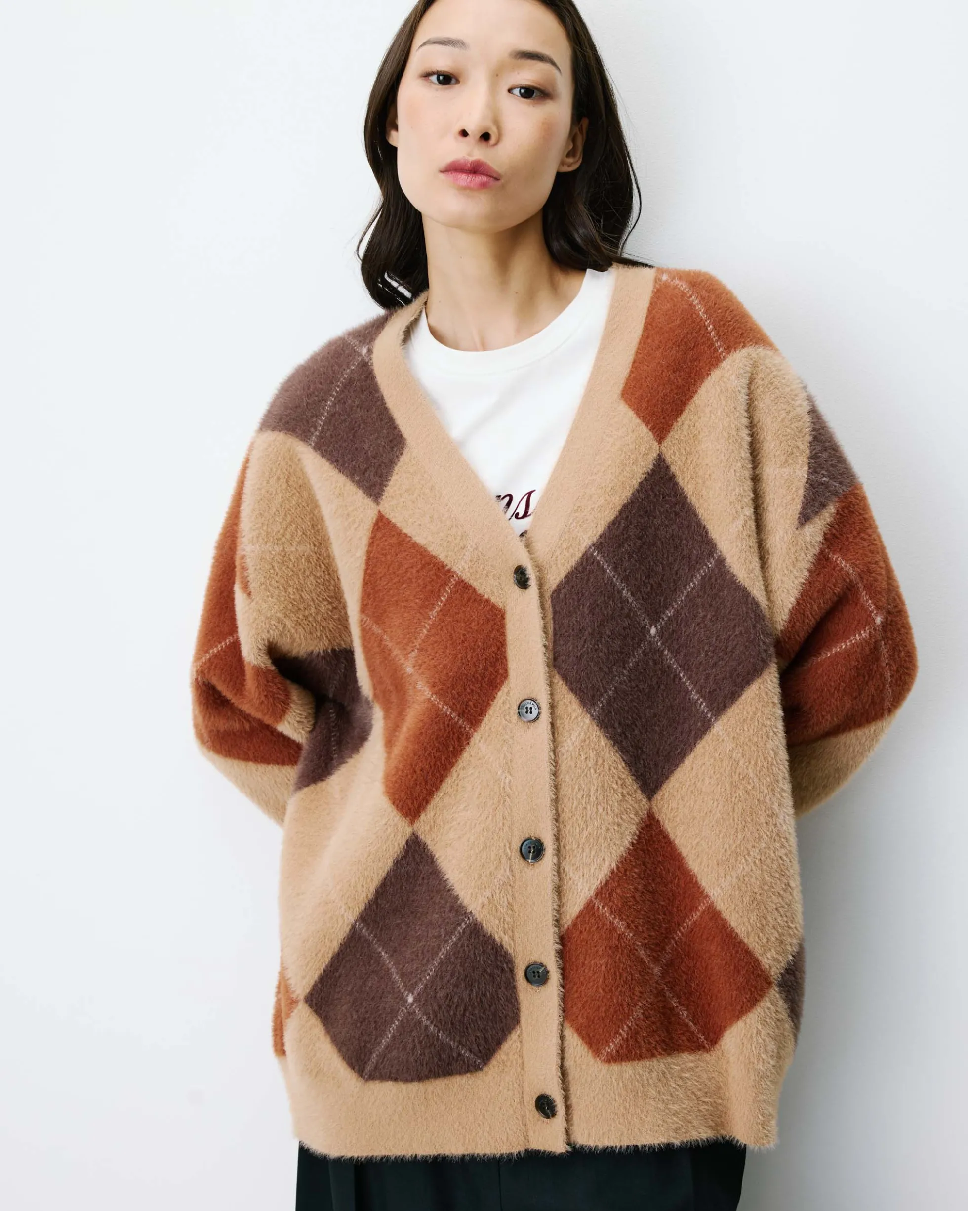 Cardigan doux à losanges col V beige Alexan