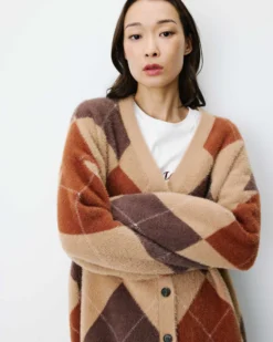 Cardigan doux à losanges col V beige Alexan