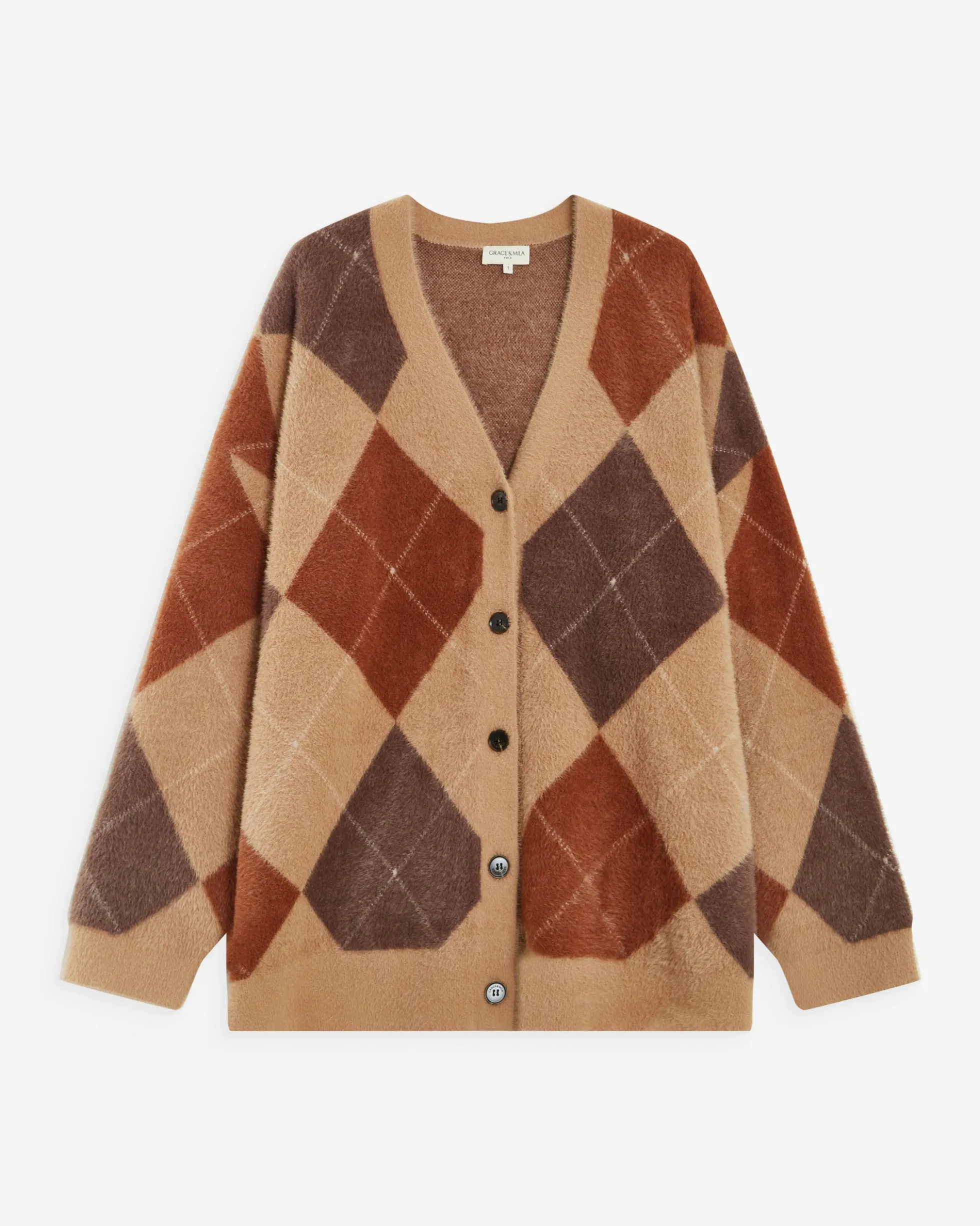 Cardigan doux à losanges col V beige Alexan