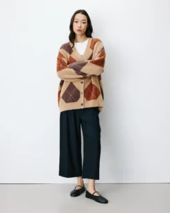 Cardigan doux à losanges col V beige Alexan
