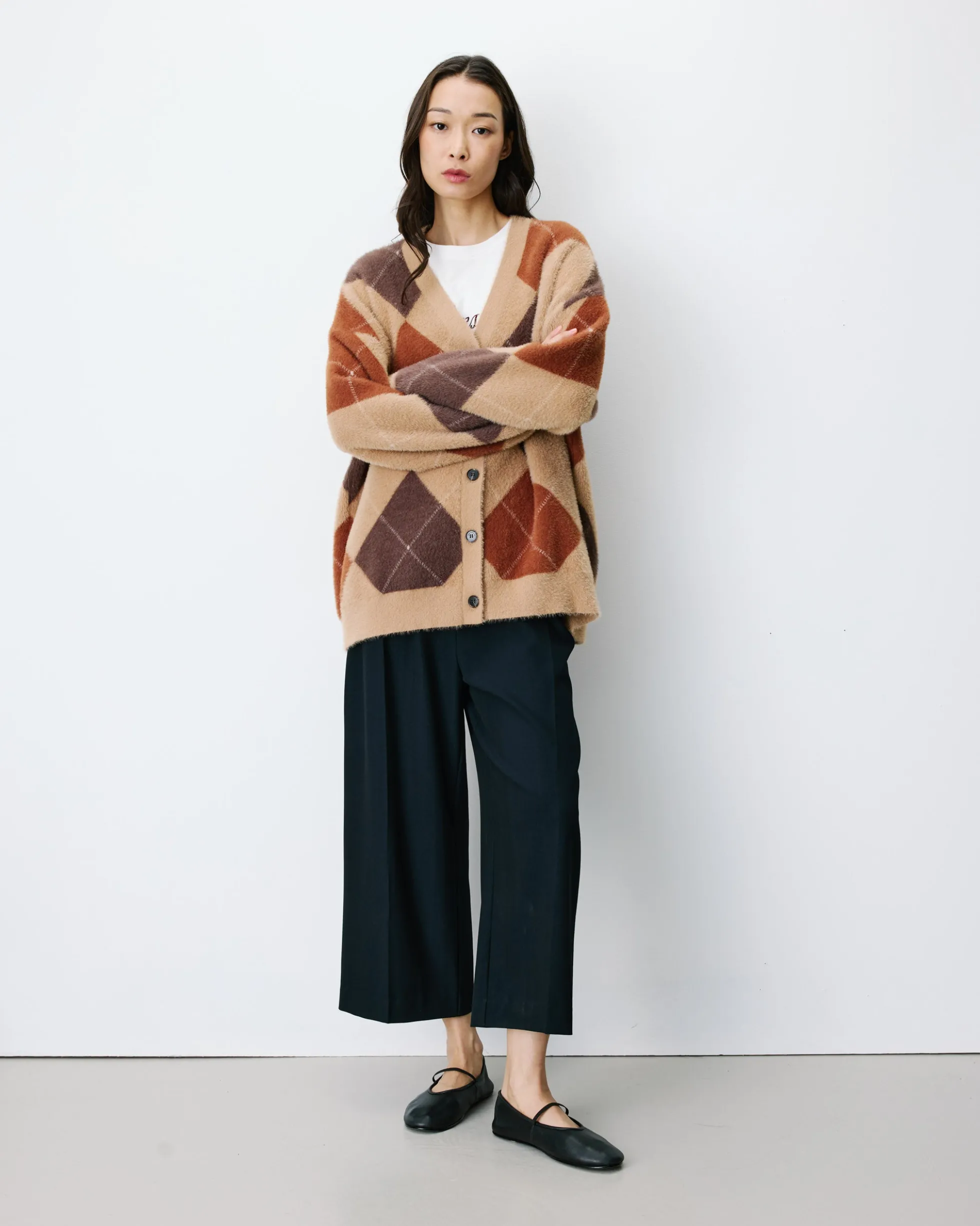 Cardigan doux à losanges col V beige Alexan